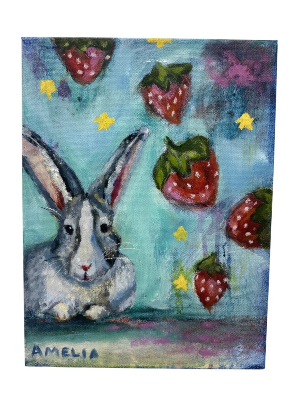 Strawberry Magic Bunny Painting On Canvas Original Art Signed OOAK Wall Decor